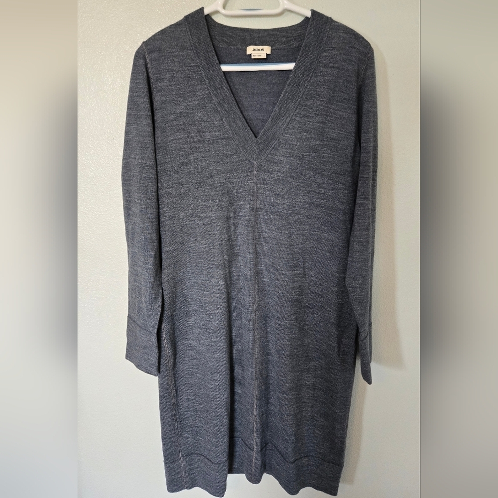 Jason Wu | Korrine Dark Gray Merino Wool V-neck Sweater Dress Size Large
